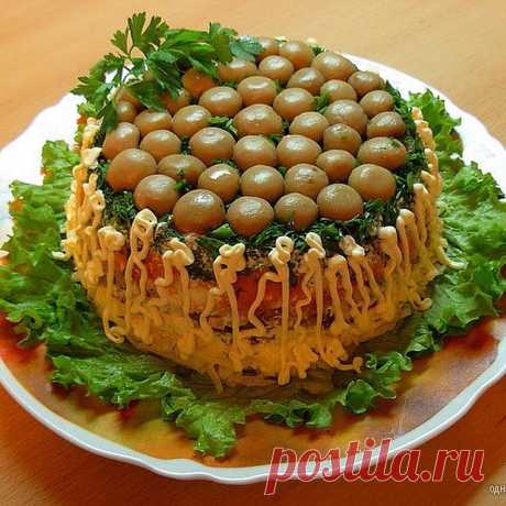 Торт-салат с курицей и грибами. Вкусный и очень сытный салатик станет настоящим хитом на любом праздничном столе.