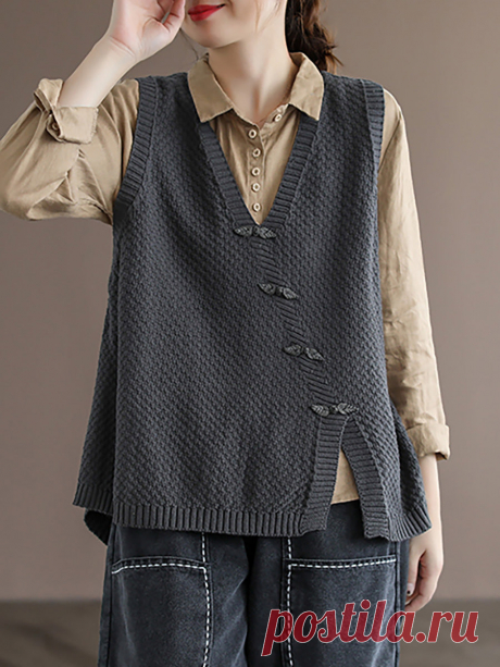 Plus Size - Women Button Knitted Split Sleeveless Vest Waistcoat Sweat – BUYKUD