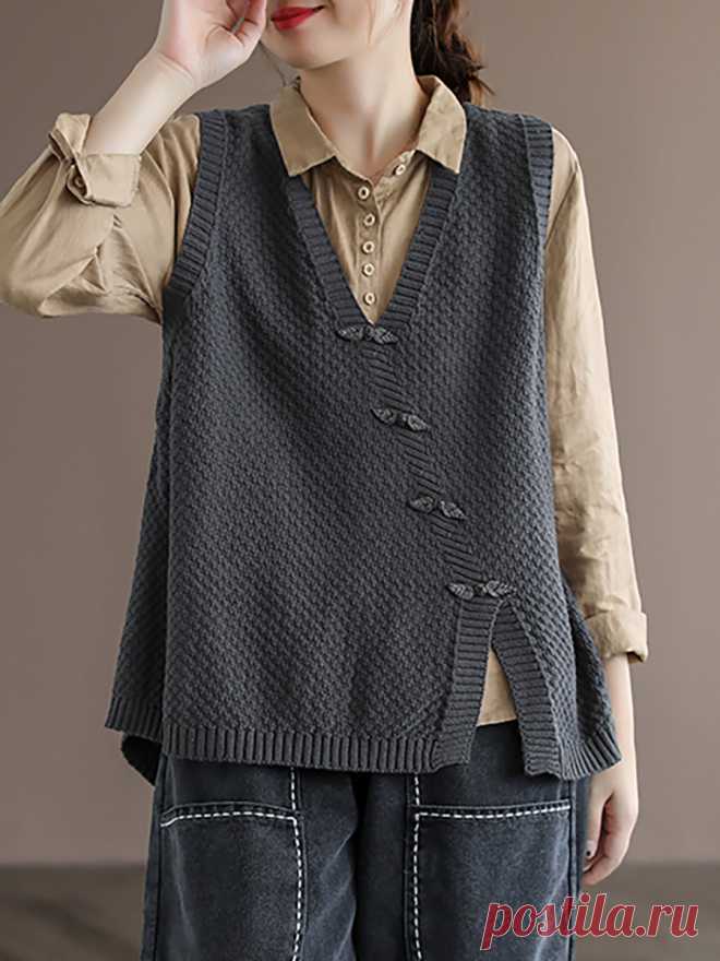 Plus Size - Women Button Knitted Split Sleeveless Vest Waistcoat Sweat – BUYKUD