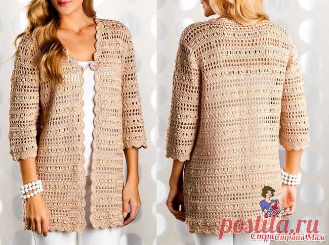 Кардиган крючком Шик. ИСТОЧНИК - http://magicloop.ru/  Вязаные шишечки крючком чередуются с филейным вязанием крючком, что создает полосатый рисунок.