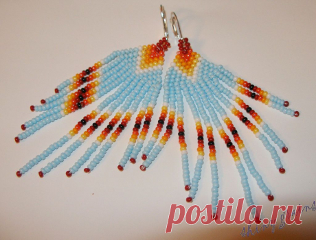 Купить Длинные серьги с бахромой &quot;Пирога&quot;, бисер - голубой, белый, желтый, оранжевый, красный, черный