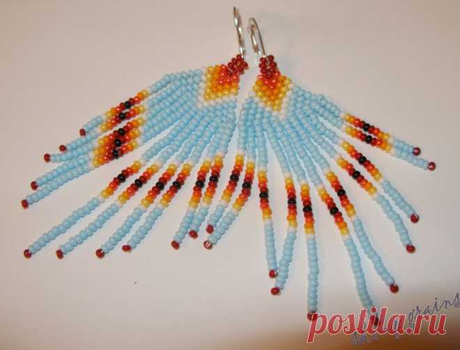 Купить Длинные серьги с бахромой "Пирога", бисер - голубой, белый, желтый, оранжевый, красный, черный