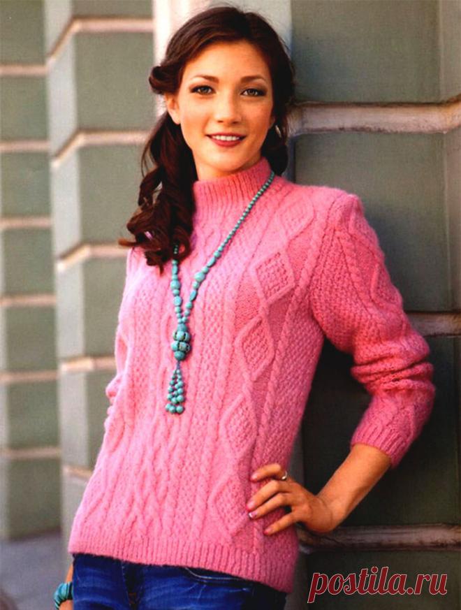 Пуловер с воротником-стойка и узором ромбы (Вязание спицами) Размер: 46/48. Вам потребуется: 500 г пряжи Alpina «ALPACA TRENZA» (90 % альпака, 10 % полиамида; 150 м/50 г) розового цвета; прямые и круговые спицы № 5. Резинка: попеременно 1 лиц. п., 1 изн. п. …
