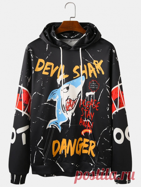 Mens Graffiti Letter Shark Print Casual Drawstring Hoodies With Kangaroo Pocket - US$29.99