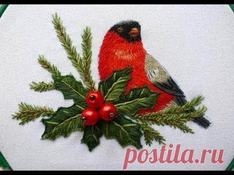 Рождественская вышивка гладью: "Снегирь и остролист". Часть 1