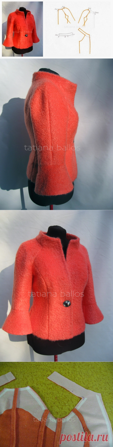 Моделирование частично цельнокроенного воротника-стойки.Оранжевый жакет из букле.