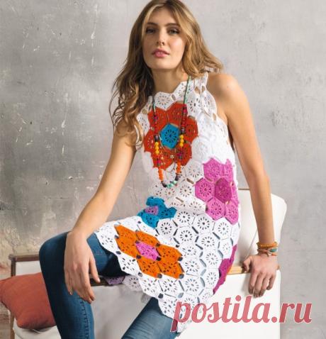 Симпатичное платье-туника из мотивов из категории Интересные идеи – Вязаные идеи, идеи для вязания