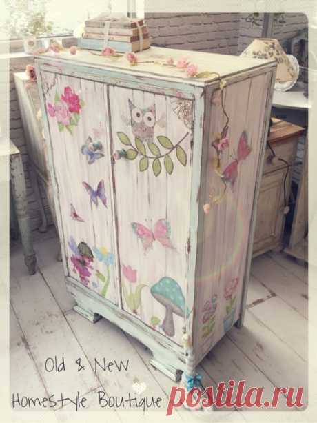 Little girls wardrobe makeover painted in pastel chalk paints, distressed &amp; decoupaged | furniture upcycles