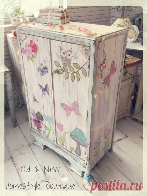 Little girls wardrobe makeover painted in pastel chalk paints, distressed & decoupaged | furniture upcycles