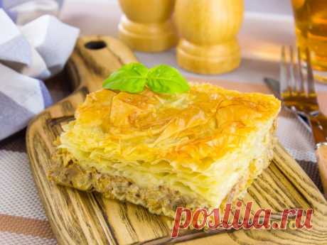 Пирог с треской, белыми грибами с тестом фило