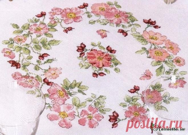 ЦВЕТУЩИЙ ШИПОВНИК НА СКАТЕРТИ (Вышивка крестом) | Журнал Вдохновение Рукодельницы