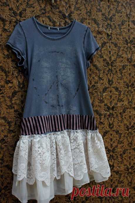 REVIVAL Upcycled TShirt Dress, Med to Large, Peace Sign, Drop Waist, Recycled…