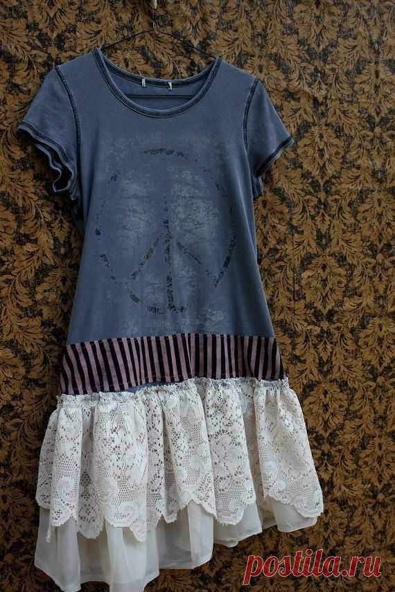 REVIVAL Upcycled TShirt Dress, Med to Large, Peace Sign, Drop Waist, Recycled…