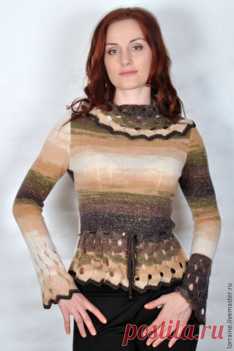Купить Туника - в полоску, меланжевая пряжа, Кофточка вязаная, ажурный узор, ажурная кофточка