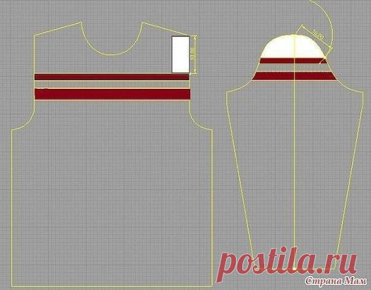 КАК РАССЧИТАТЬ СОВПАДЕНИЕ ПОЛОС ПРОЙМЫ И РУКАВА
Для того, чтобы получить совпадение полос, необходимо сделать точные расчеты.
 Начертите свои выкройки в любой графической программе, либо используйте линейку закройщика с масштабом 1:4 и с ее помощью сделайте чертеж на обычном листе в клеточку.
 На пройме переда измерьте расстояние от точки начала скоса плеча до полосы.
 Затем, с помощью циркуля (или другим удобным способом) проведите дугу из высшей точки рукава радиусом, ра...