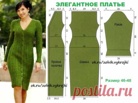 ЭЛЕГАНТНОЕ ЗЕЛЕНОЕ ПЛАТЬЕ НА ПУГОВИЦАХ
#платья 
#вязание
Платье можно сшить из вязаного трикотажа. По краям застежки и вырезу горловины пришить планку.