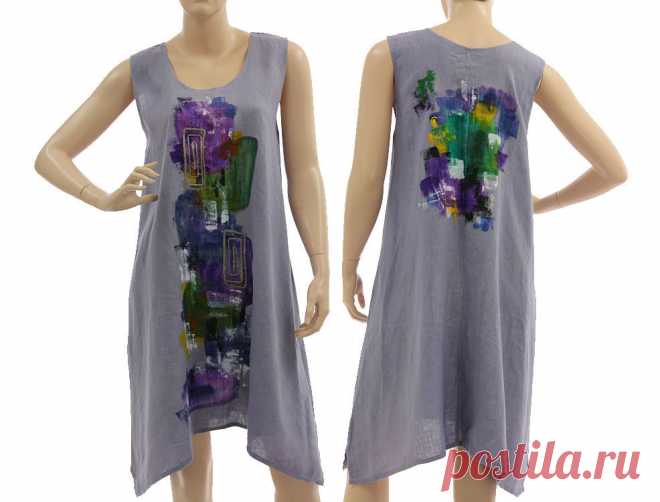 Kleid Tunika handbemalt Leinen in lila-blau 38-44 - CLASSYDRESS