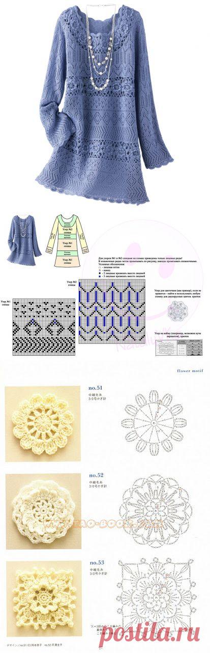 Синее платье на спицах и крючком .