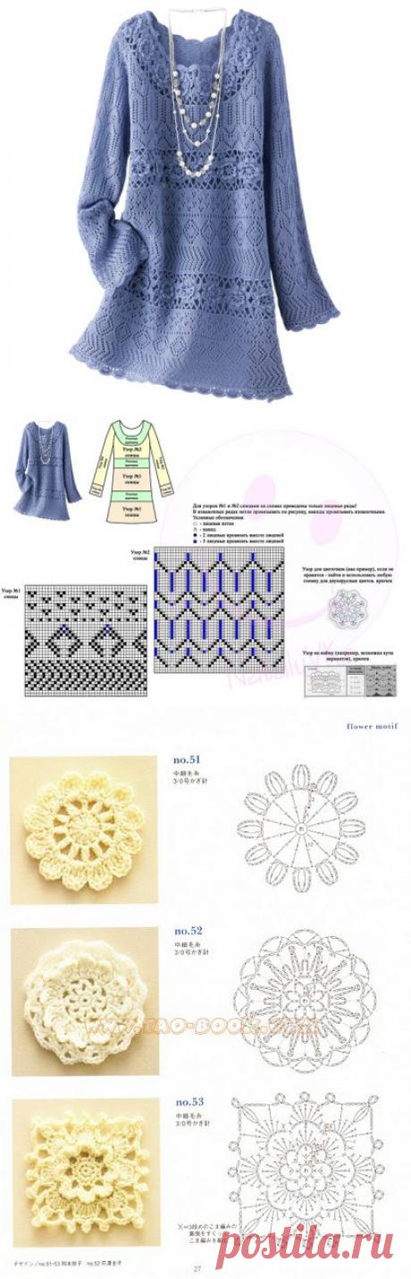 Синее платье на спицах и крючком .