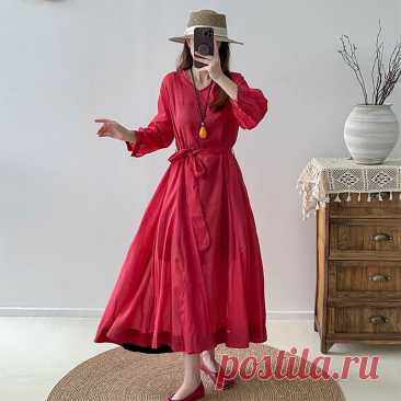 Red Linen V-Neck Wrap Dress with 3/4 Sleeves Shop the perfect Women's Summer Linen Wrap Dress for vacation, beach or wedding guest look - Loose fit, V-Neck collar, 3/4 sleeves, in artistic red color!