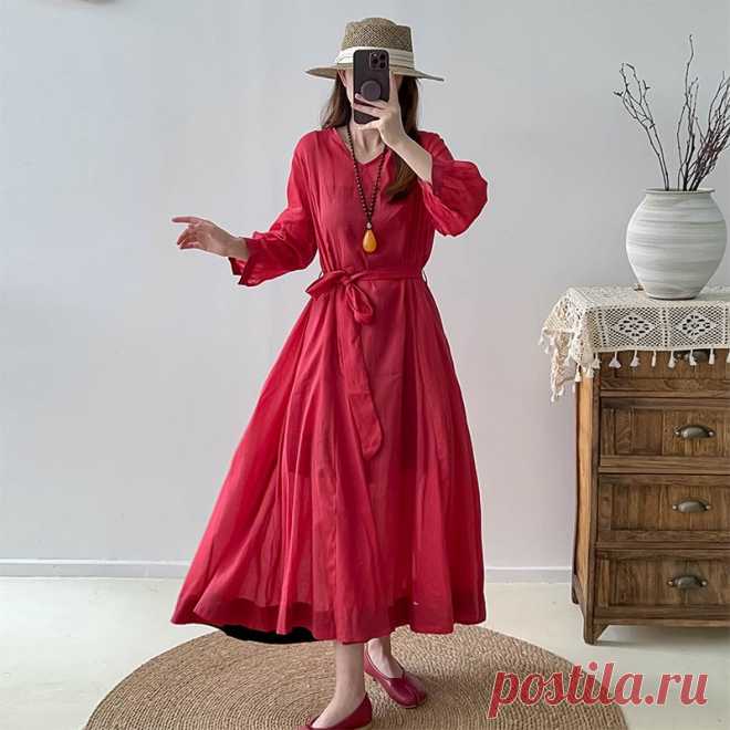 Red Linen V-Neck Wrap Dress with 3/4 Sleeves Shop the perfect Women's Summer Linen Wrap Dress for vacation, beach or wedding guest look - Loose fit, V-Neck collar, 3/4 sleeves, in artistic red color!