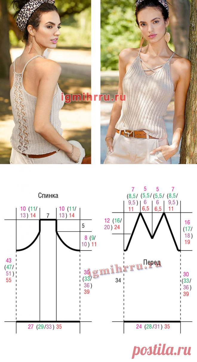 Изящный топ с ажурной вставкой на спинке. Вязание спицами со схемами и описанием