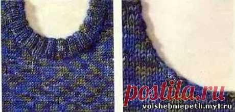 КАК СВЯЗАТЬ БЕЙКИ ГОРЛОВИНЫ
Набор петель бейки начать от правого плечевого края: по боковым вертикальным сторонам — из расчета 3 петли на каждом участке из 4 рядов, по нижним горизонтальным сторонам — из каждой закрытой петли по 1 петле (или из каждой открытой петли, если при вязании петли не закрывать, а оставить на вспомогательной спице).
Связать по кругу 1 ряд лицевыми петлями и отметить угловые петли. Затем вязать попеременно 1 лицевую и 1 изнаночную, так чтобы на угло...