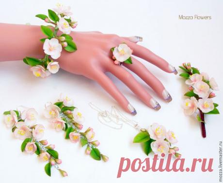 Купить Веточка розовой яблони. Цветы из полимерной глины - розовый, яблоня, розовая яблоня