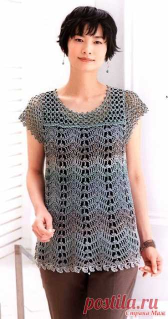 Розово-серая ажурная туника  двумя узорами. Эта туника связана даумя узорами.Квадратная кокетка и рукавчики сетчатым а подол более плотным зигзагообразным узорами.Цвет пряжи тоже имеет значение -секционная с переходом от серого к розовому