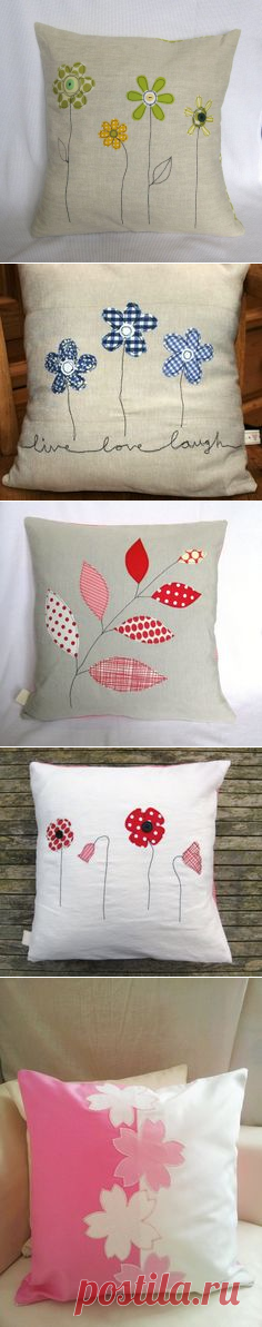 Cushion cover, yellow and green spring flowers: Decorative cushion, free motion embroidery, linen, 16" / 40cm