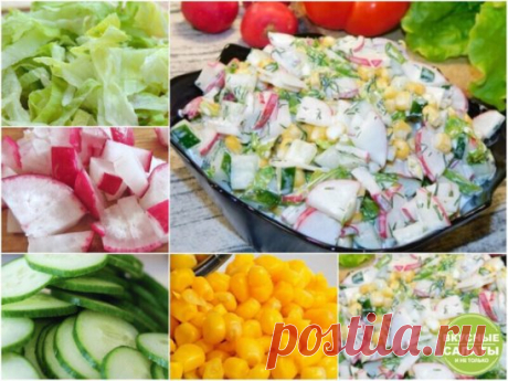 Салат "Хрустик"
Хрустящий салат с сочным редисом и консервированной кукурузы.
 Ингредиенты:
1 свежий огурец,
1 пучок редиса,
1 пучок листового салата,
1 пучок укропа,
майонез по вкусу,
соль и молотый перец по вкусу.