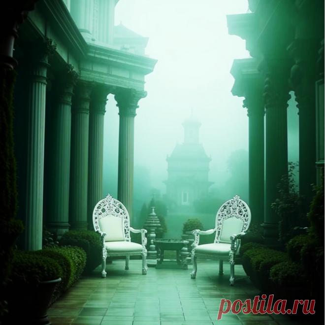 ДВА КРЕСЛА на БАЛКОНЕ. Иллюстрация к мистико-фантастическому рассказу АРИА-МИ-ЭЛЬ (нейросеть Кандинский 3.1).