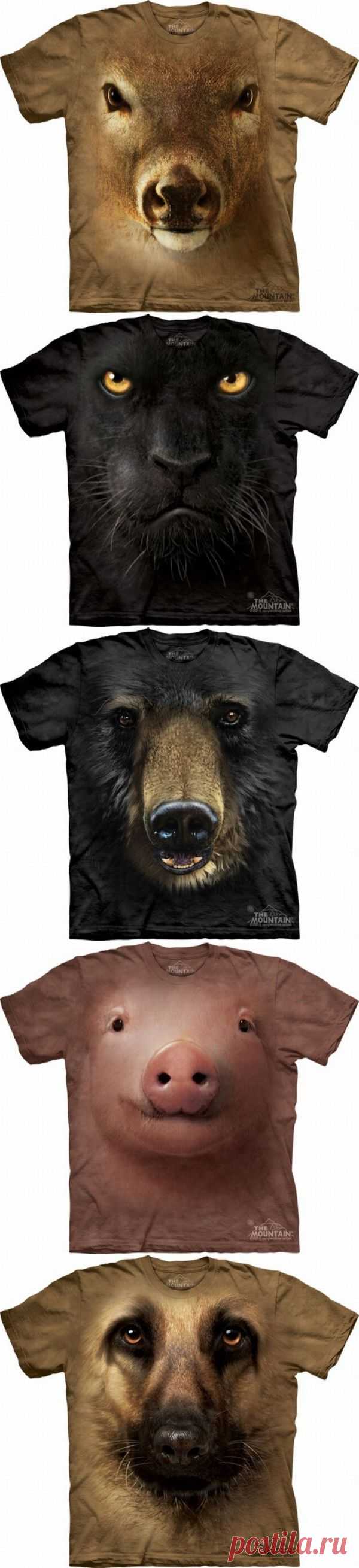 Объемные портреты животных на футболках.