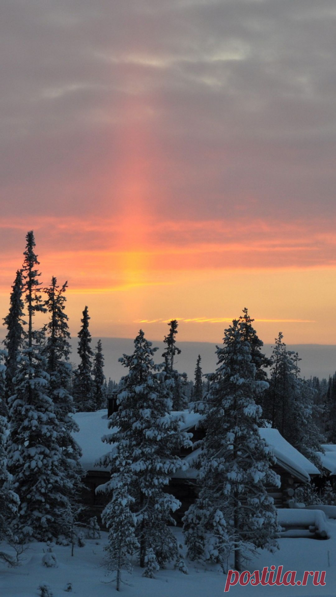Download Wallpaper 1080x1920 morning, dawn, rising, sky, trees, snow, winter, awakening, lodges, village Sony Xperia Z1, ZL, Z, Samsung Galaxy S4, HTC One HD Background