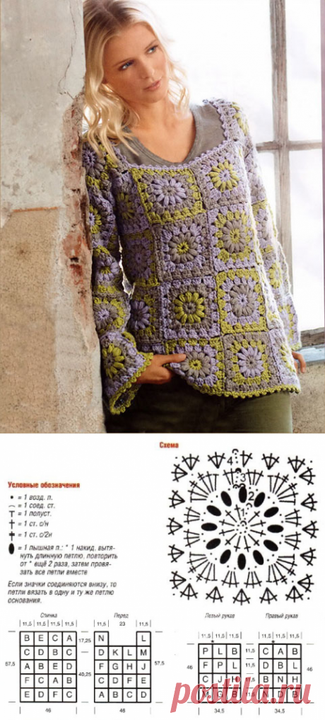 Кофта из бабушкиного квадрата Полевка крючком – схема вязания с описанием для начинающих и опытных