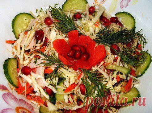 с гранатом, капустой и курицей

Понадобится на 4-5 порций :
капуста -1 небольшой кочан 
гранат-1 шт 
морковь-1 шт 
огурец-2 шт 
1 куриная грудка, сваренная со специями
укроп 

заправлять можно двумя способами: 
первый -
подсолнечное ароматное масло 
лимонный сок или винный уксус 
зубок чеснока 
соль 

второй -
натуральный .йогурт с майонезом-50 на 50 
зубок чеснока 
соль