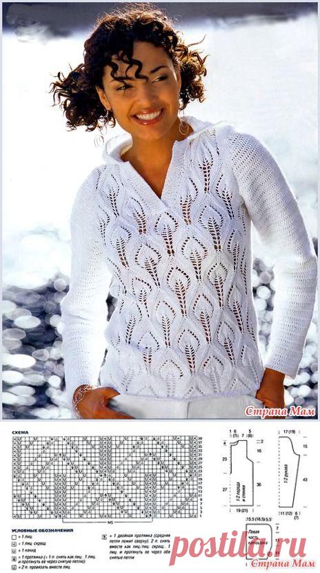 Вязание: белый пуловер с капюшоном (спицы+крючок)