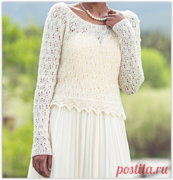 Женственный молочный пуловер спицами от дизайнера Amy Gunderson - описание и схема вязания спицами