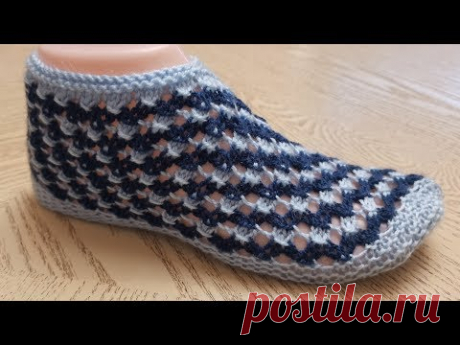 Простые тапочки-следки на двух спицах ОДНИМ ПОЛОТНОМ № 48.