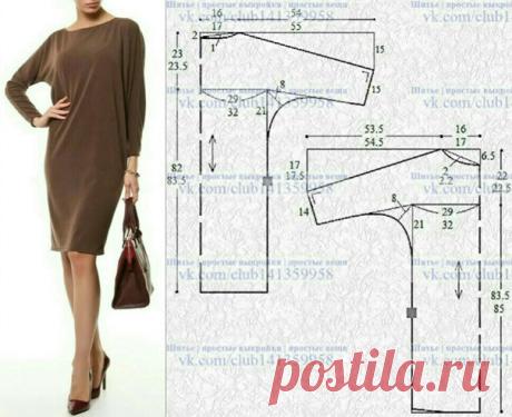 Платье прямого силуэта с рукавами "летучая мышь", выкройка на размеры 48/50 и 54/56 (рос.).
#простыевыкройки #простыевещи #шитье #платье #выкройка