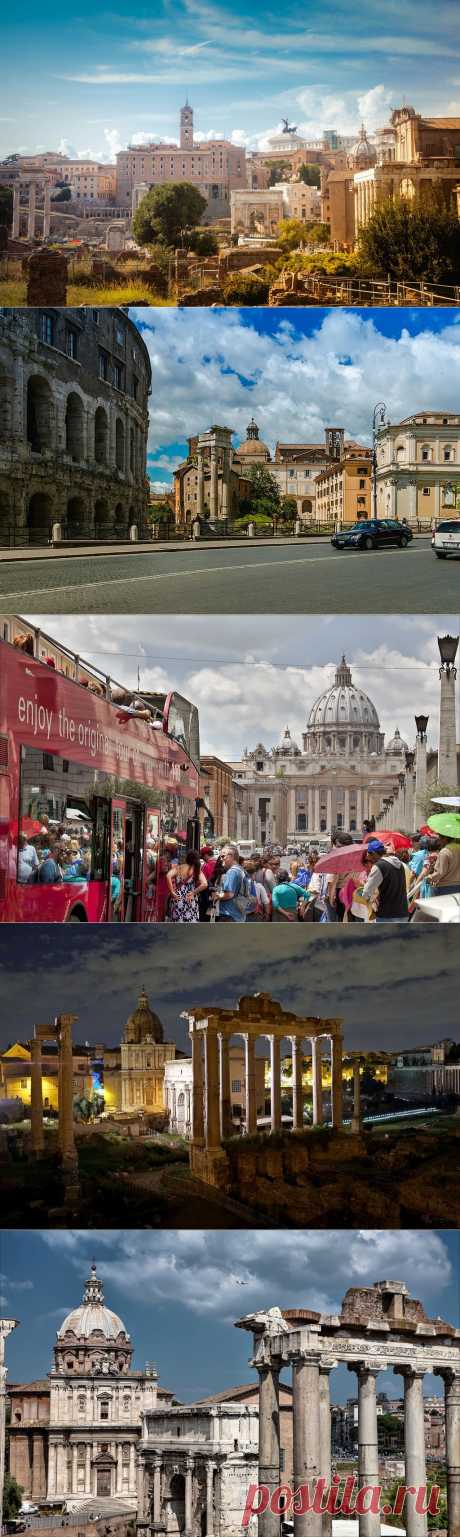 видно характерное для Рима награмождение - веков и архитектур... Вдалеке виднеется Колизей, на его фоне базилики, построенные уже в средние века, а на переднем плане, колонны - это Храм Антонина и Фаустины, построенный в 141 году