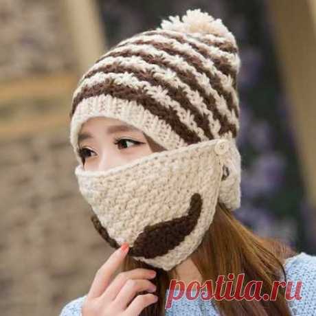 帛拉拉帽子女冬天韩版潮可调节胡子针织帽保暖口罩加绒毛线护耳帽-情侣口罩-口罩网