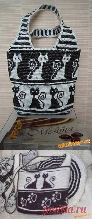 Сумочка из полиэтиленовых пакетов с кошечками. Вязание крючком