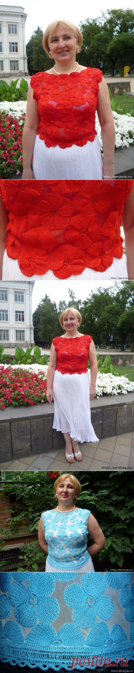 Цветы на блузе в технике тунисского вязания