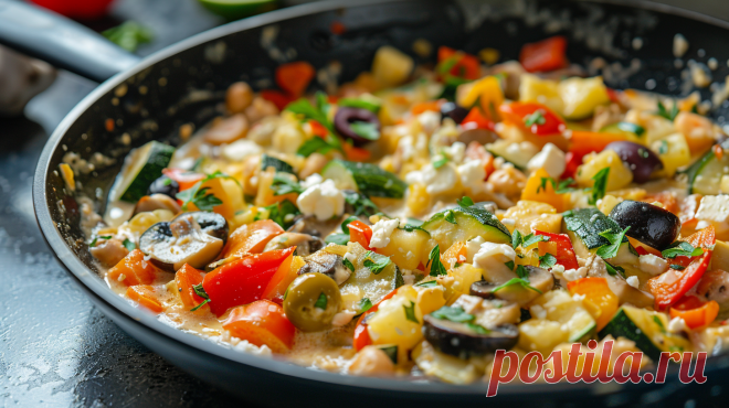 Diese mediterrane Gemüsepfanne mit Zucchini und Feta weckt Fernweh In diese mediterrane Gemüsepfanne kommen allerlei leckere Zutaten, die dich ans Mittelmeer entführen. So leicht geht's!