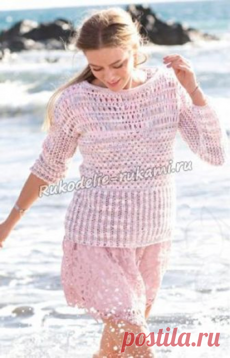 Меланжевый пуловер с сочетанием узоров спицами