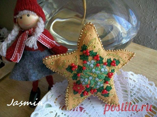 ВИНТАЖ от Marijke van Ooijen. Рождественская звезда из мешковины с вышивкой.