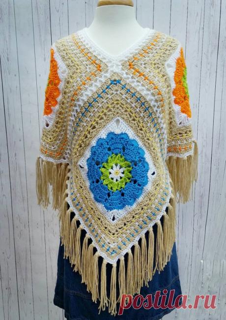 Boho Fashion 4 Square Poncho Flower Child Hippie OOAK Free Shipping Flower Child, Hippie, Bohemian fashion... Crochet Poncho. Whatever you call it, its comfortable and fun. This piece had a mind of its own, coming together a row at a time in a Stream of Consciousness way, making it one of a kind. Wear it Two Ways, Straight in front (Square), or Pointed (Diamond) in front. With the Square front, you have a Boat neck, and with the Diamond you have a V neck.  Bright Colors of...