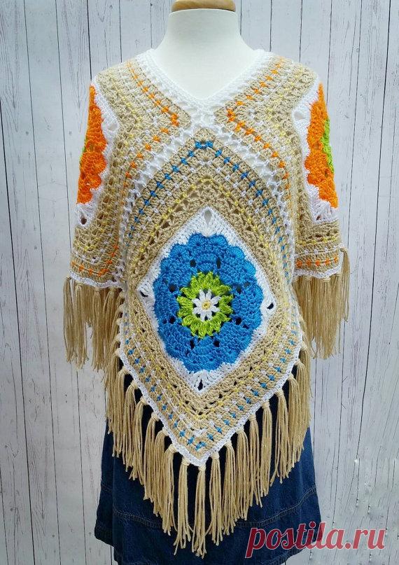 Boho Fashion 4 Square Poncho Flower Child Hippie OOAK Free Shipping Flower Child, Hippie, Bohemian fashion... Crochet Poncho. Whatever you call it, its comfortable and fun. This piece had a mind of its own, coming together a row at a time in a Stream of Consciousness way, making it one of a kind. Wear it Two Ways, Straight in front (Square), or Pointed (Diamond) in front. With the Square front, you have a Boat neck, and with the Diamond you have a V neck.  Bright Colors of...