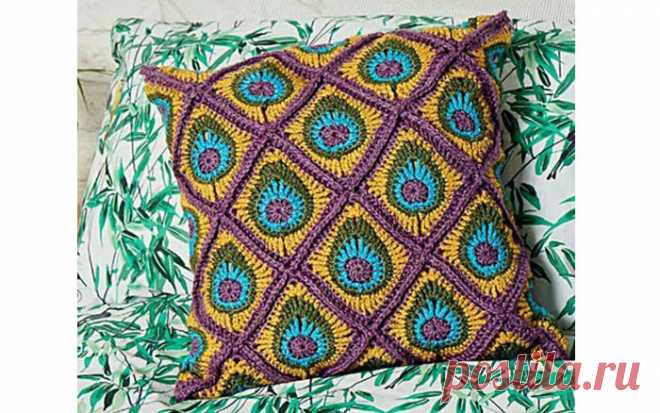 Вязаная подушка «Перо павлина». Схема Вязаная крючком подушка «Перо павлина». Схема квадратного мотива